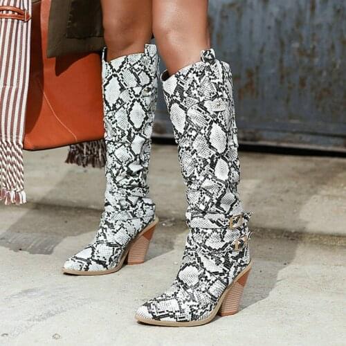 2020 PU Leather Winter Boots Wedges Women Western Boots Snake Print Cowboy Boots Pointed Toe Buckle Ladies Long Boots Plus Size