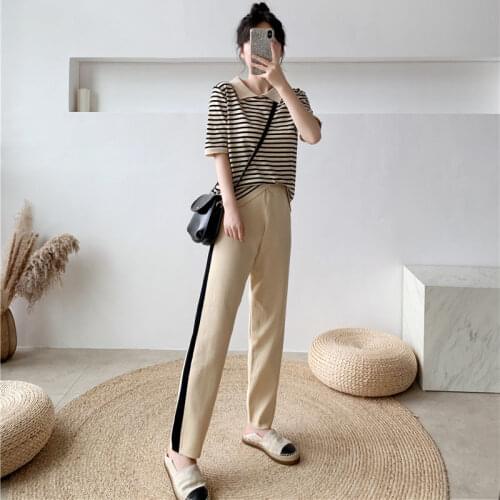 2021 New Lapel Stripe Short Sleeve Ice Silk Pullovers + Pants Set Two-piece Suit Women Summer Fashion Knitted Trousers Sets Q303