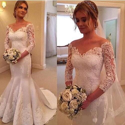 2020 Lace Appliques Mermaid Wedding Dresses Off the Shoulder Long Sleeves Bridal Dresses Gowns Plus Size Vestidos Wedding Party