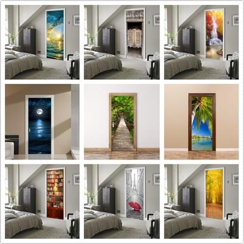 Custom Size 3D Beautiful Landscape Door Stickers For Living Room Bedroom PVC Adhesive Wallpaper Home Decor Waterproof Door Decal