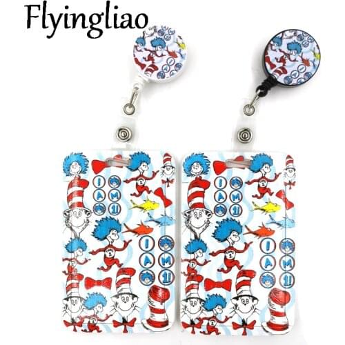 Dr seuss Cat Cartoon Cute Credit Card Holder Lanyard Women Men Kid Student Retractable Badge Reel ID Name Bus Clips Card Badge