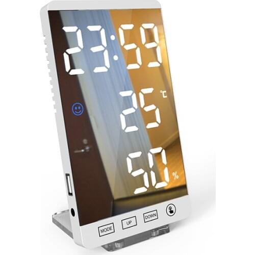 New 6 Inch LED Mirror Alarm Clock Touch Button Wall Digital Clock Time Temperature Humidity Display USB Output Port Table Clock