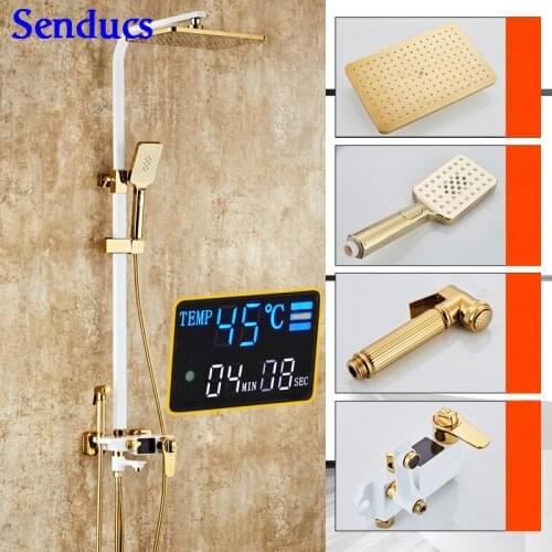 Senducs Digital Shower Set Fashion Black Gold Temperature Bathroom Shower System Quality Brass Bathtub Shower Faucet Bath Bidet
