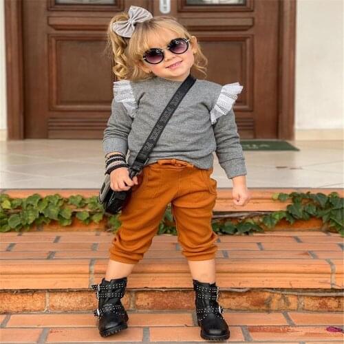 1-6 Years Kids 2 Pieces Suit Set Baby Girls Lace Trim O-Neck Long Sleeve Pullover Top + Pants With Pockets For Spring Fall