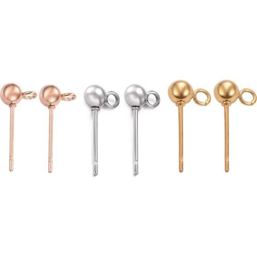 20pcs/lot Stainless Steel Round Ball Earrings Stud Post with Loop for DIY Earring Jewelry Making Findings Accessories