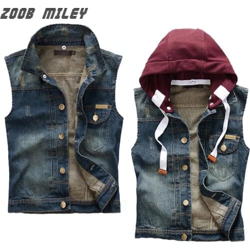 Mens Casual Detachable Hooded Cotton Denim Vest Fashion Cowboy Ripped Jeans Waistcoat Size M-2XL Vintage Sleeveless Jacket