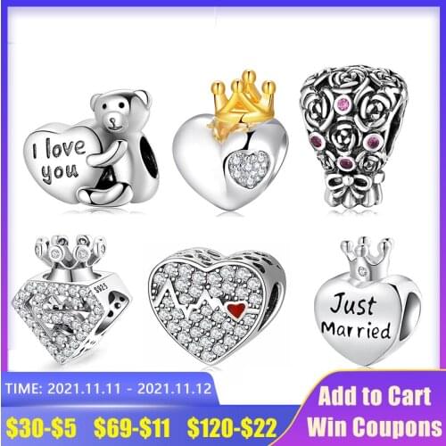 New 925 Sterling Silver Heart shape with sparkling CZ Charms Beads Fine Jewelry Making Fits Charms Bracelet Bangles