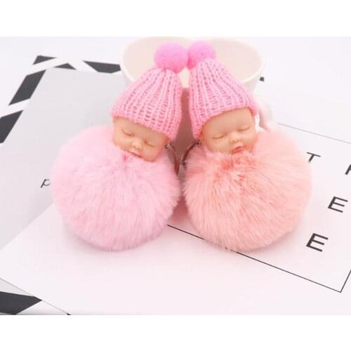 Adorable sleeping doll fur ball pendant cute plush doll key chain lady bag pendant fur car pendant