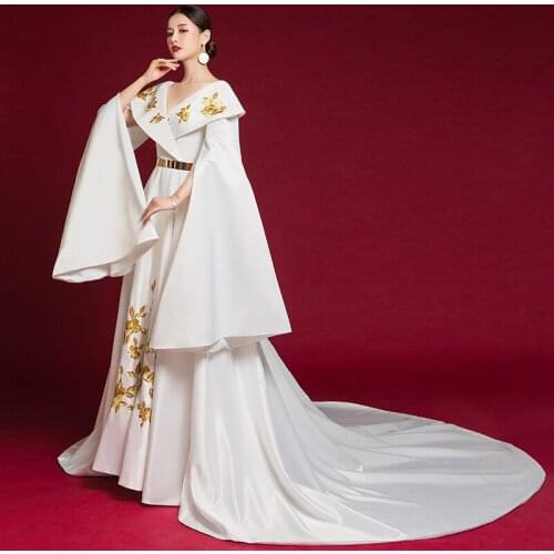 Long Sleeves Guzheng Show Hanfu White Satin Cheongsam Embroidery Evening Dress Formal Robe Chinoise Vestido Oriental Style Qipao