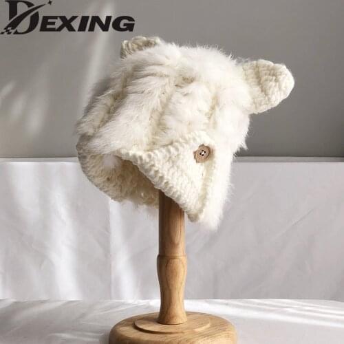 Casual Womens Hats Rabbit Fur Knitted Beanies 2021 Autumn Winter Thick Ear Protection Bonnet Korean Cute Cat Ear Woolen Hat
