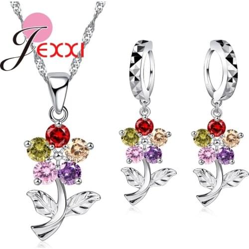 Romantic 925 Sterling Silver Cubic Zirconia Flower Necklace Earrings Set for Women Elegant Wedding Anniversary Jewelry Sets Gift