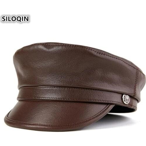 SILOQIN Mens Flat Cap Genuine Leather Hats Elegant Ladies' Sheepskin Leather Caps Army Military Hat Autumn Couple Student Hat