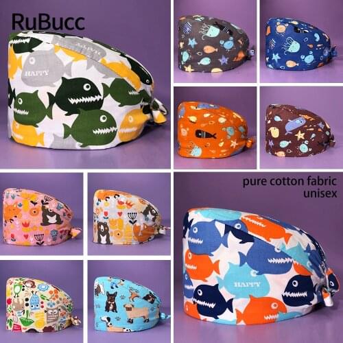 Pet Shop Beauty Scrub Cap 100%Cotton Breathable Cartoon Printing Surgical Cap Laboratory Female Work Wholesale Dental Clinic Cap