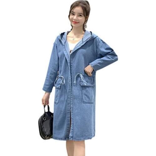 New Fashion Spring Autumn Denim Trench Coat Women Slim Belt Jean Windbreaker Plus Size Casual Hooded Long Outwear T40