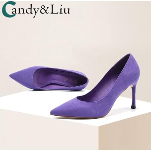 French Online Celebrity Girls High Heels 2021 New Temperament Banquet Purple 8cm Pointed Thin Heel Shallow Shoes Women