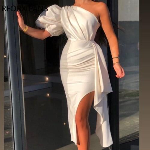 Women Solid One Shoulder Puff Sleeve Ruched Slit Dress Bodycon Dress Sexy Party Dress for Women Dress 2021