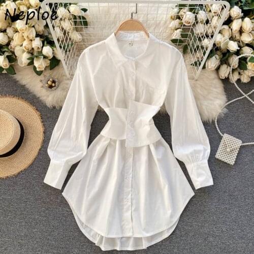 Kuzuwata Turn Down Collar Long Sleeve Single Breast Dress Women High Waist Hip Sashes Slim Vestido Solid Simple Spring Robe 2021