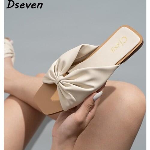 2021 Summer New Bow Female Sandals Fashion Solid Color Flat Outside Women Slippers Ladies Beach Sandals Shoes Sandalias de mujer