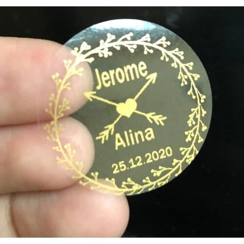 DIY 1984- 100PCS Gold Wedding Labels Personalized Transparent Stickers, Custom Wedding Favor stick