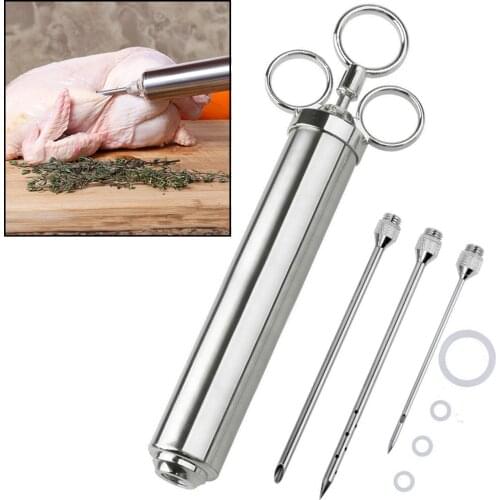 4 oz Stainless Steel Commercial Grade Meat Marinade Flavor Injector Kit 1/2 Cup Capacity Seasoning Injector with 3 Professional