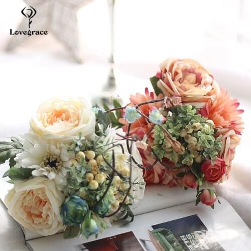 Lovegrace Artificial Flower Arrangement Rose for Wedding Bridal Bouquet Pink Rose Daisy Silk Fake Flower DIY Home Decoration
