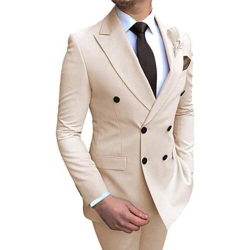 Mens Suits 2 Pieces Beige Solid Color Collar Slim Fit Casual Business Dress Suits Double Breasted Suit Groom Groomsmen Costumes