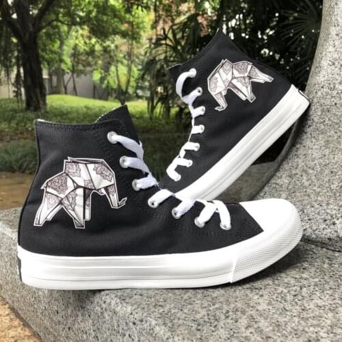 Wen Flats Original Creative Flexagon Paper Folding Elephant Figure Design High Top Black White Man Womans Canvas Sneakers