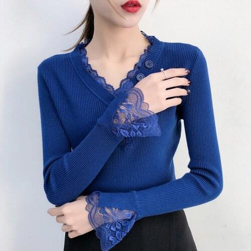 Autumn Winter Ladies Womens Lace Patchwork V Neck Flare Long Sleeve Knit Sweaters and Pullovers , Woman Blue Black Sweater