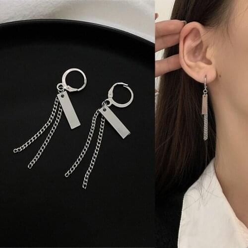 Punk Solid Color Metal Rectangle Hoop Chain Tassel Pendant Drop Earrings for Women Girls Simple Earrings 2021 Trend New Arrival