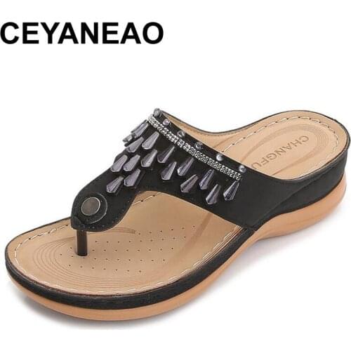 CEYANEAO Women Slippers Summer Fashion Rhinestone Ladies Flip Flops Bling Woman Sewing Clip Toe Sandals Female Casual Non-slip