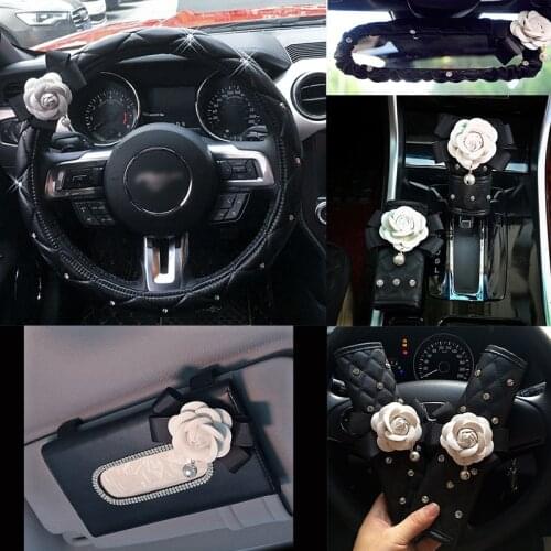 Rhinestones Camellia Flower Car Interior Accessories Women Leather Steering Wheel Cover Hand brake Gear Cover