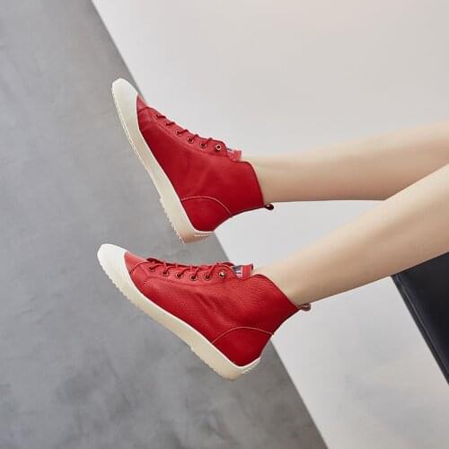 High top flat sole sports pure leather short boots white womens shoes