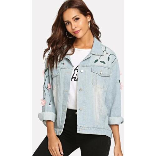 YYCZF New Women AP & AU 2021 Denim Jackets Turn-down Collar Casual Loose Embroidery Fashion Jean Coat Female Outwear