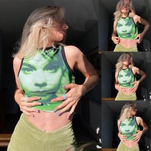Women Sleeveless Racerback Crop Tank Top Harajuku Green Facial Portrait Print Slim Vest Punk 90s Vintage Graphic Shirts