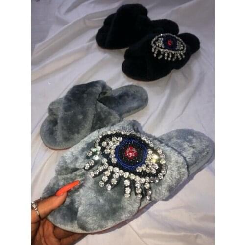 2021 new women home all-match womens shoes cross cotton drag ethnic beaded leather fur sandals non-slip durable slippers