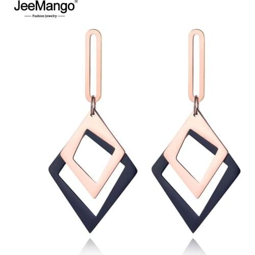 JeeMango New Double Layer Stainless Steel Geometry Earrings For Women Black/Rose Gold OL Style Ear Jewelry Wedding Gift JE19062