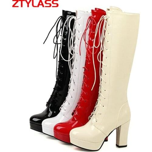 2021 Platform Women Boots Pu Leather Knee High Boots Fashion Square High Heel Long Boots Lacing Zipper Autumn Winter Shoes