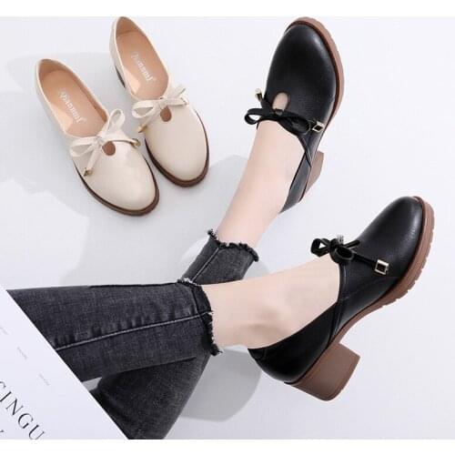 Medium Square Heel Bow Shallow Pumps Women Shoes 2021 Spring Elegant Leather Shoes OL Office Shoes Ladies Oxfords 41 42 43 33