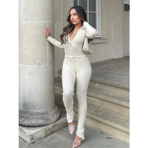 Tossy Skinny Two Piece Set Women Knit V-Neck Long Sleeve Top And Pants Female Jumpsuits 2 Piece Outfits Sexy Femme Matching Sets