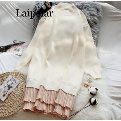 Winter Pleated Sweater Dress Women Knitting Thick Basic Dress Turtleneck Spring Patchwork Long Sleeve Dresses