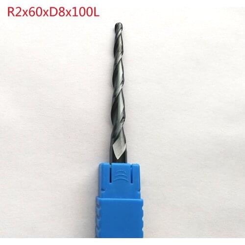 1pc R2*D8*60*100L*2F HRC55 Tungsten solid carbide lengthen Tapered Ball Nose End Mills taper and cone milling cutter ferramentas