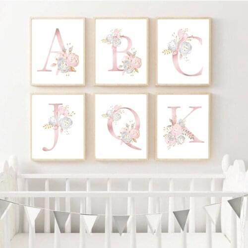 Watercolor Pink Flowers Letter Canvas Painting Posters and Prints Cuadros Wall Art Picture for Kids Living Room Home Decoration