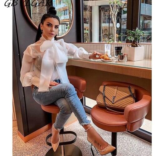 Fashion 2020 Spring Bowknot Lace Up Shirts Blouses Women Lantern Long Sleeve Perspective Blouse Tops Female Elegant