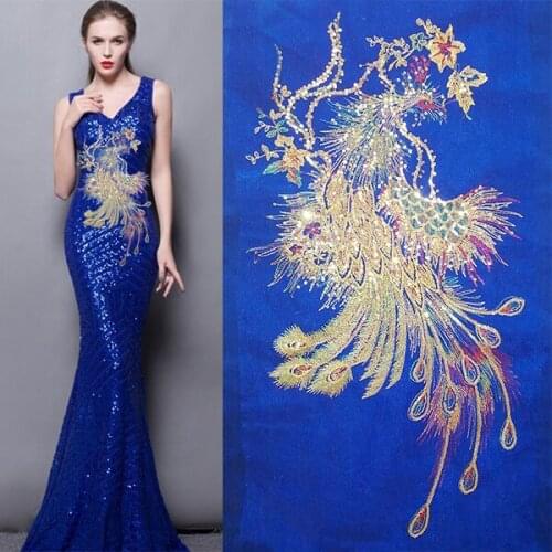 Large Golden Sequined Phoenix Peacock Cloth Mesh Hot Rhinestone Embroidery Applique Dress Cheongsam Decoration Accessories E-37