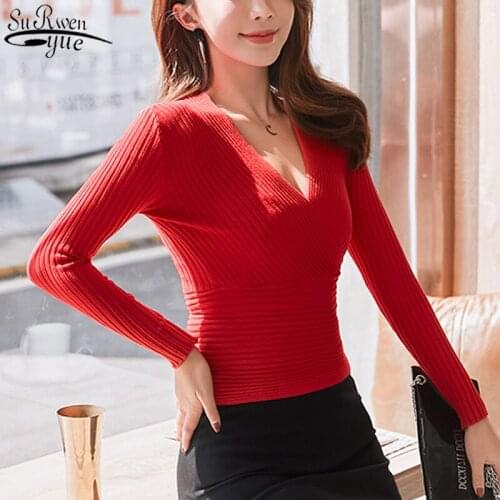 Korean Long Sleeve Slim Pullover Women Autumn and Winter New Clothes Women Cotton Solid Deep V Neck Womens Knitwear 10452