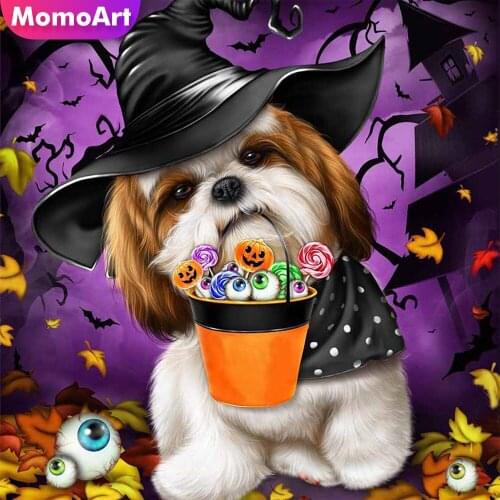 MomoArt Diamond Painting Dog Full Square Round Diamond Embroidery Halloween Cross Stitch Kit Mosaic Animal Needlework Home Decor