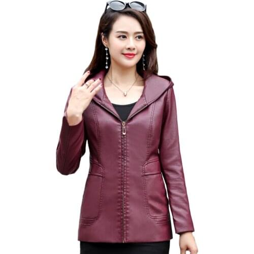 2020 Autumn Winter Soft Faux Leather Coat Hooded Plus Size 5XL 6XL New Mother Slim Black PU Leather Jacket Women Outerwear