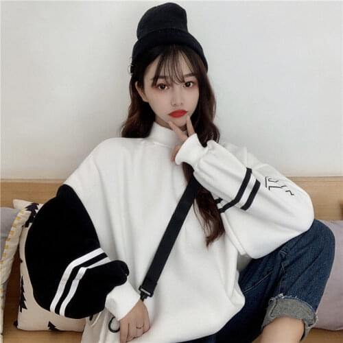 QWEEK Autumn Winter Patchwork Hoodie Women Korean Style 2021 Fashion Uniform School Clothes Thick Kawaii Long Sleeve Tracksuit
