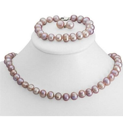 Jewelry 001295 Genuine 8-9mm Purple Freshwater Cultured Pearl Necklace Bracelet & Earrings Set