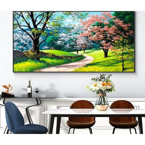 Landscape Oil Painting Green Trees Pink Flowers Reproductions on Canvas Posters and Prints Wall Picture for Living Room